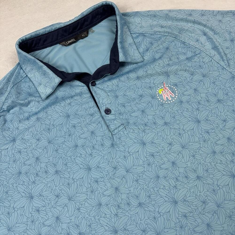 UNRL Polo Shirt Mens XL Blue Polyester Spandex Floral Stretch Collared Logo